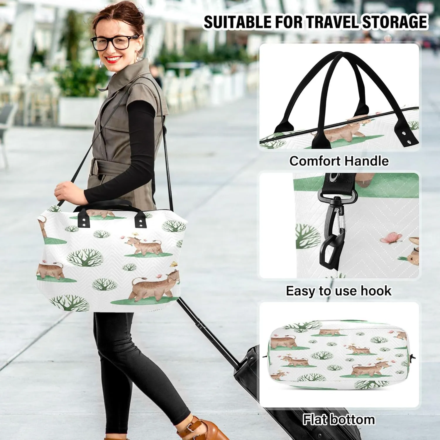 Exnundod Women Weekender Bags Little Farm Cattle Travel Duffel Bags Carry On Overnight Bag Watercolor Large Hospital Tote Luggage