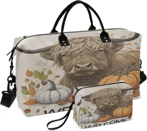 Exnundod Women Weekender Bags Pumpkin Highland Cow Travel Duffel Bags Carry On Overnight Bag Welcome Quote Large Hospital Tote Luggage
