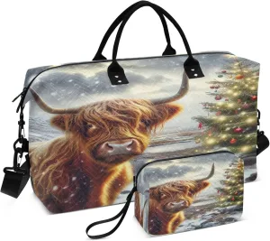 Exnundod Women Weekender Bags Winter Sonwy Highland Cow Travel Duffel Bags Carry On Overnight Bag Christmas Tree Large Hospital Tote Luggage