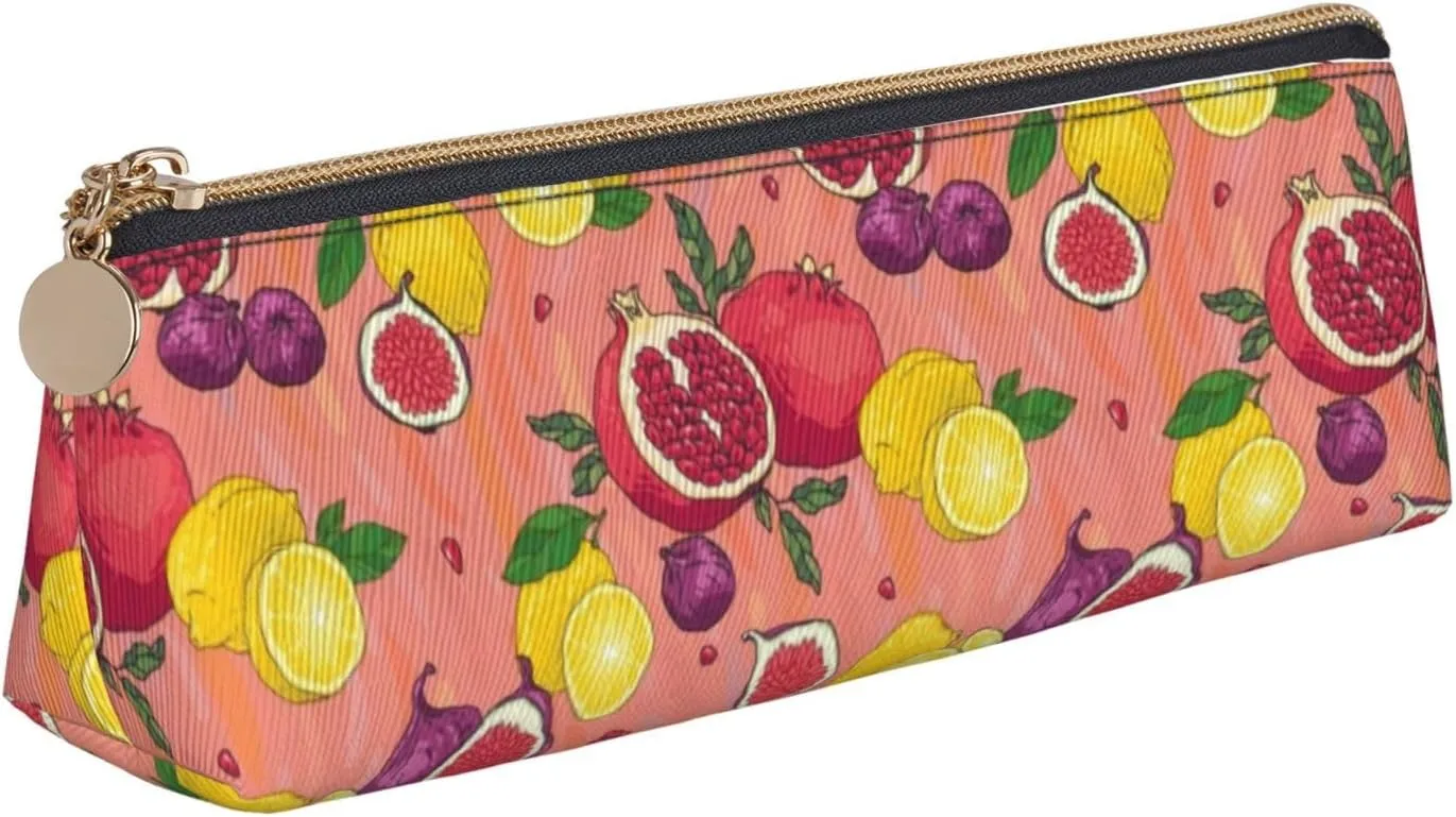 exotic fruits print Triangle leather stationery storage bag, portable makeup bag, daily small item storage