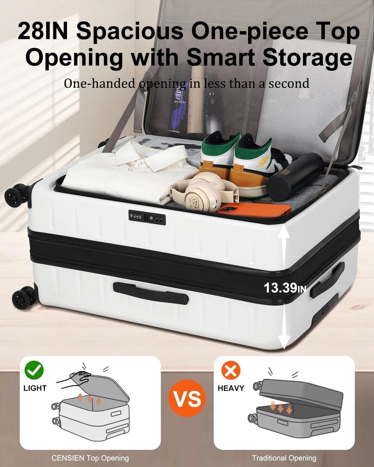 Expandable Checked Luggage, 28 Inch Luggage with Spinner Wheels, Lightweight ABS PC Hard Shell Large Suitcase with Top Opening, TSA Lock (White, 1PC)