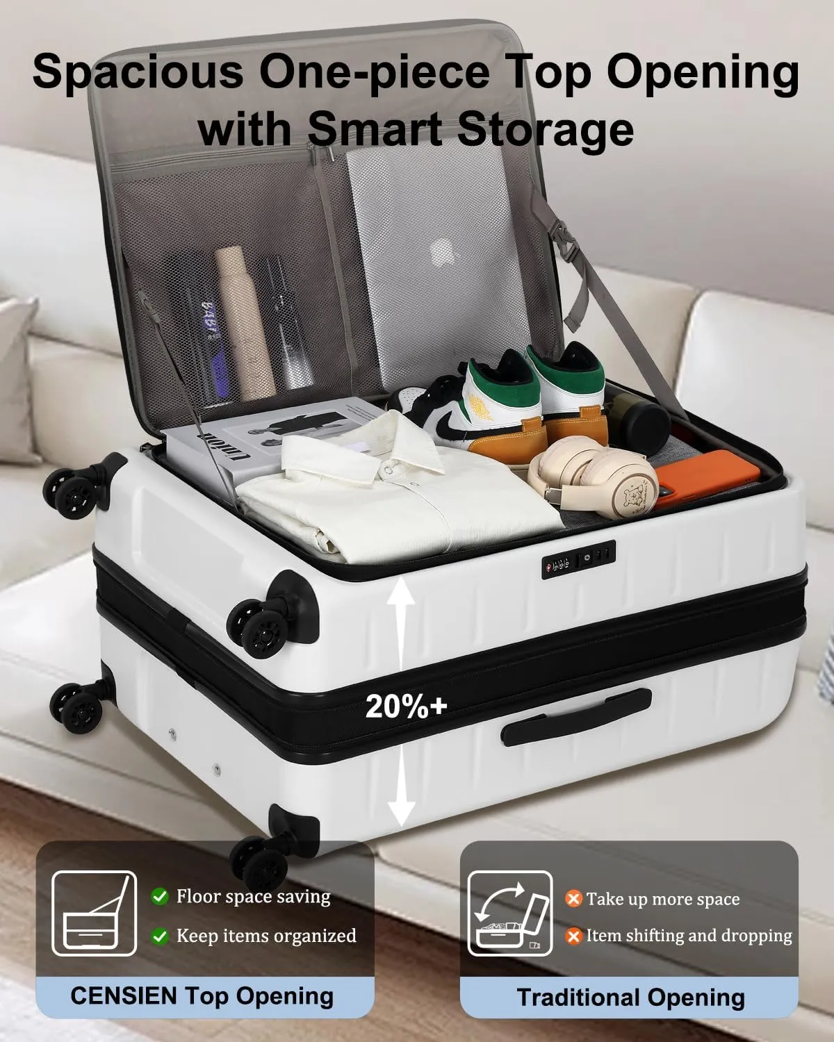Expandable Checked Luggage, 28 Inch Luggage with Spinner Wheels, Lightweight ABS PC Hard Shell Large Suitcase with Top Opening, TSA Lock (White, 1PC)
