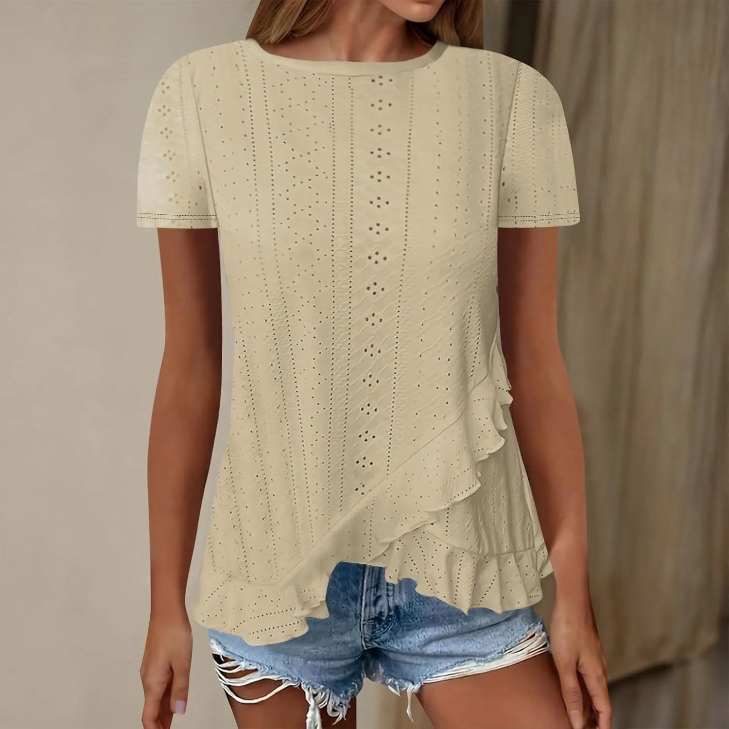 Eyelet Shirts for Women Short Sleeve Casual Solid Color Tops Fashion Loose Crew Neck T-Shirts Summer Clothes