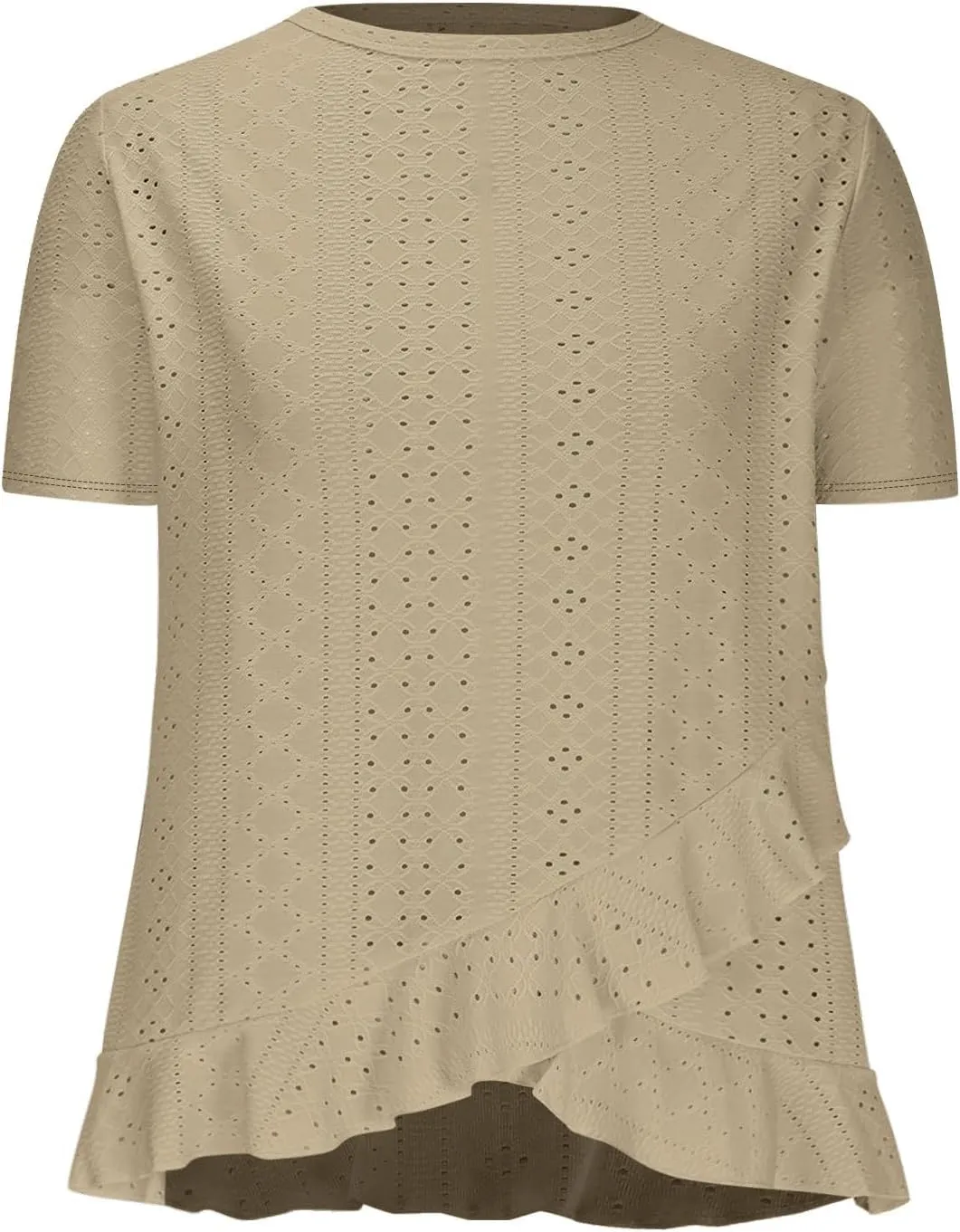 Eyelet Shirts for Women Short Sleeve Casual Solid Color Tops Fashion Loose Crew Neck T-Shirts Summer Clothes