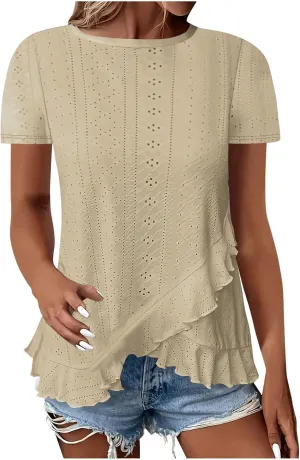 Eyelet Shirts for Women Short Sleeve Casual Solid Color Tops Fashion Loose Crew Neck T-Shirts Summer Clothes