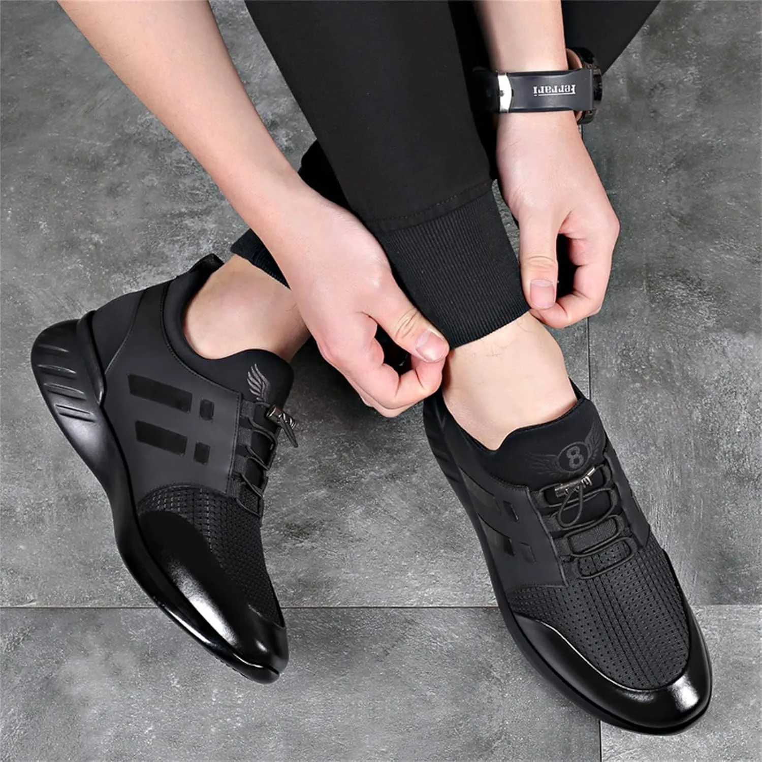 FAIRSOMA Men's Slip-On Leather Knitted Invisible Height Increasing Sneakers Adjustable Elastic Band Casual Breathable Non-Slip Walking Height Lifting Elevator Shoes Running Golf Athletic Trainers