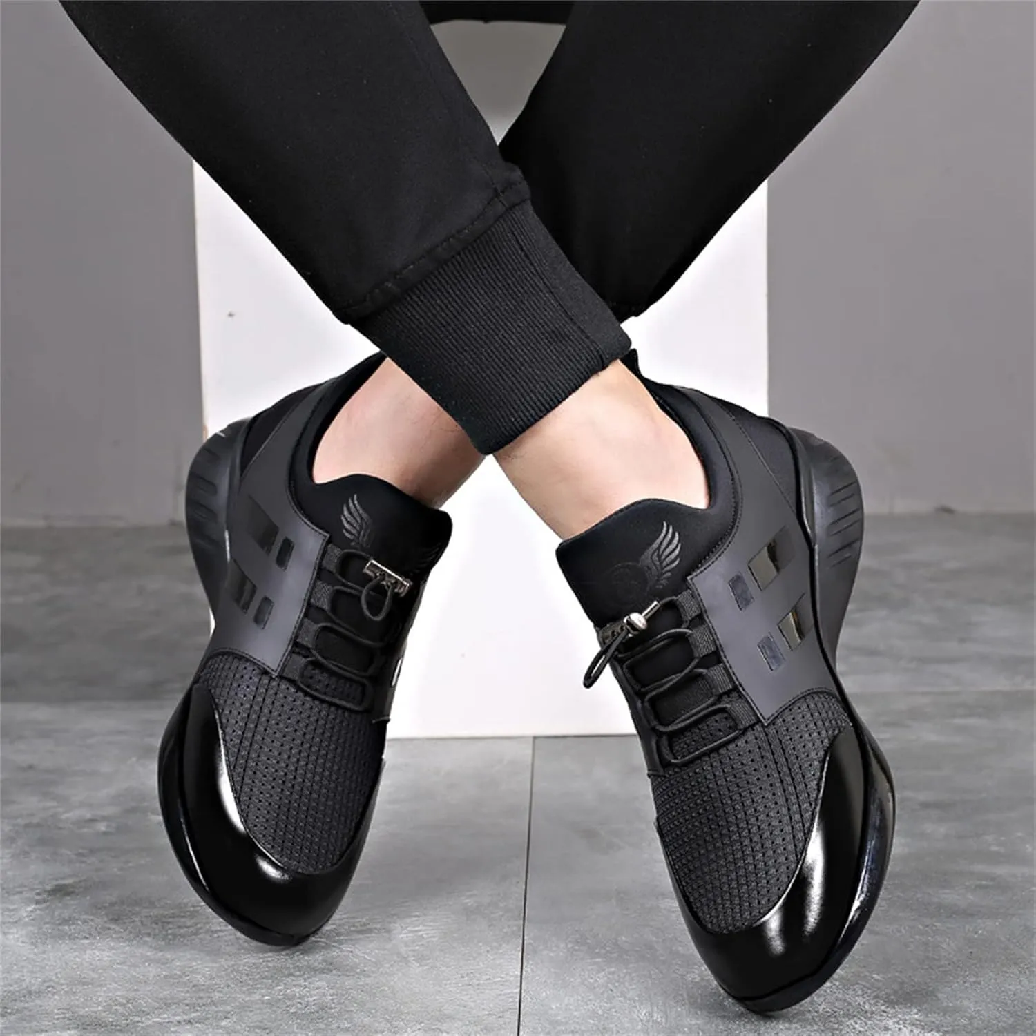FAIRSOMA Men's Slip-On Leather Knitted Invisible Height Increasing Sneakers Adjustable Elastic Band Casual Breathable Non-Slip Walking Height Lifting Elevator Shoes Running Golf Athletic Trainers