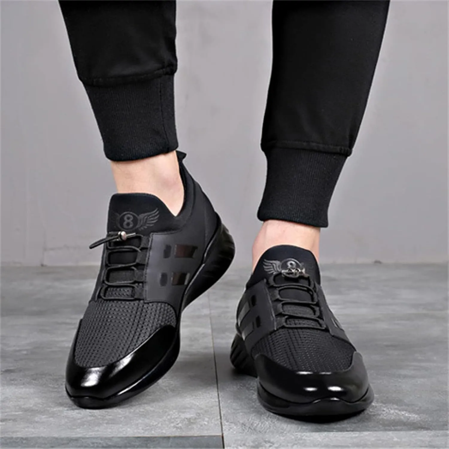 FAIRSOMA Men's Slip-On Leather Knitted Invisible Height Increasing Sneakers Adjustable Elastic Band Casual Breathable Non-Slip Walking Height Lifting Elevator Shoes Running Golf Athletic Trainers