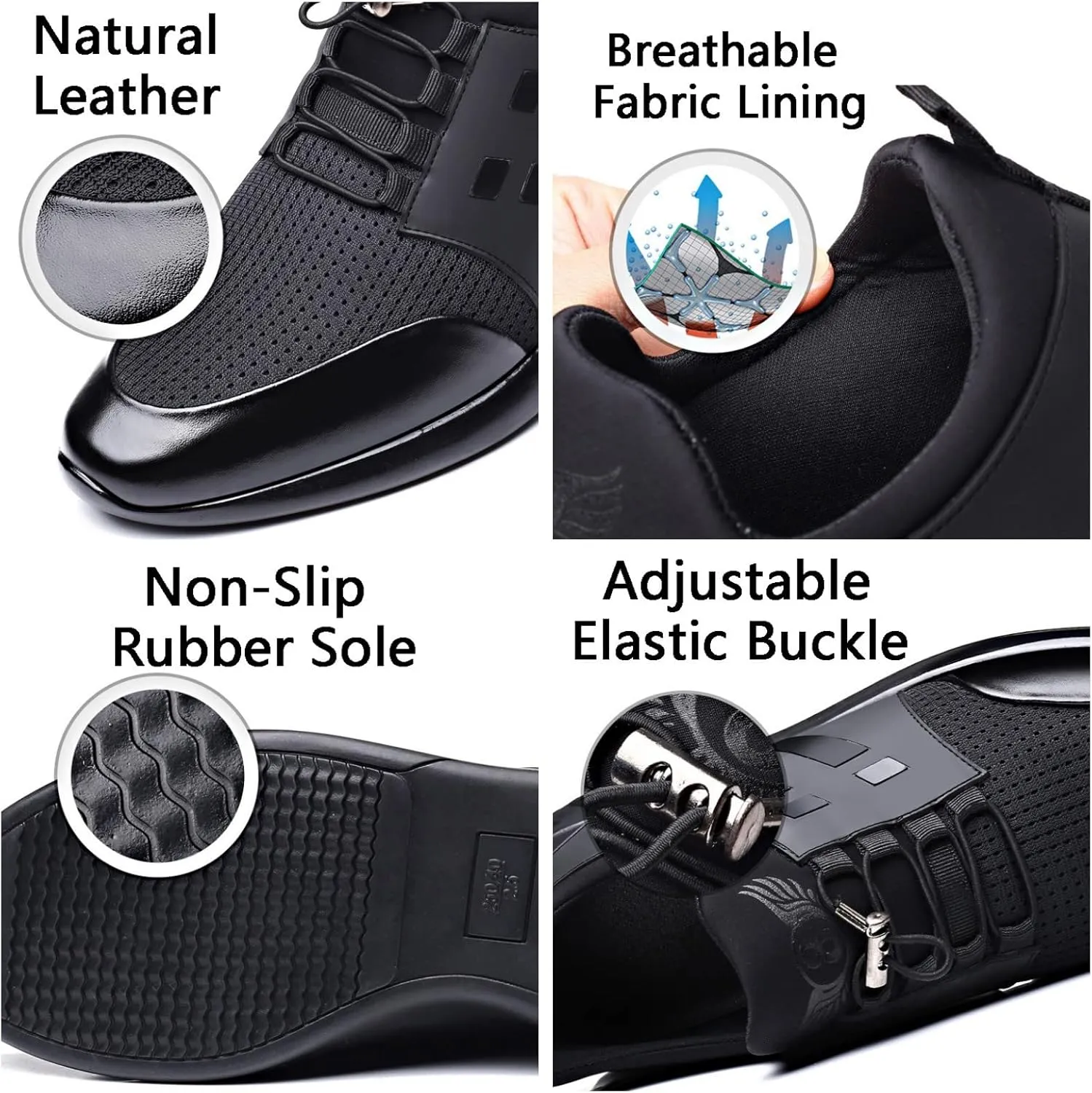 FAIRSOMA Men's Slip-On Leather Knitted Invisible Height Increasing Sneakers Adjustable Elastic Band Casual Breathable Non-Slip Walking Height Lifting Elevator Shoes Running Golf Athletic Trainers
