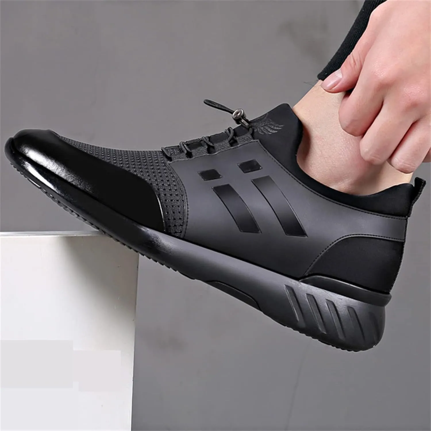 FAIRSOMA Men's Slip-On Leather Knitted Invisible Height Increasing Sneakers Adjustable Elastic Band Casual Breathable Non-Slip Walking Height Lifting Elevator Shoes Running Golf Athletic Trainers