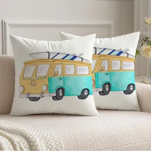 Fall Pillow Covers 16x16 Set of 2 Sport Watercolor Old Retro Bus Hand Parks 70S Graphic Activity Adventure Beach Car Camp Minivan Pillow Case Velvet Decorative Pillows Square Cushion Covers