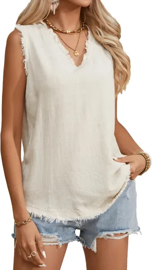Famulily Womens Sleeveless Ruffled V Neck Tops Summer Linen Tank Tops Solid Color Raw Edge Hem Camisoles