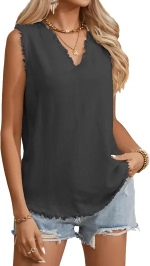 Famulily Womens Sleeveless Ruffled V Neck Tops Summer Linen Tank Tops Solid Color Raw Edge Hem Camisoles