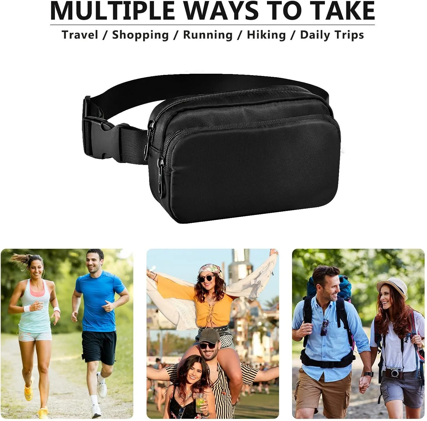 Fanny Pack for Women Men with Zipper Black Fashion Waist Pack, Small Cross Body bags for Running,Hiking,Cycling,Travel 20810