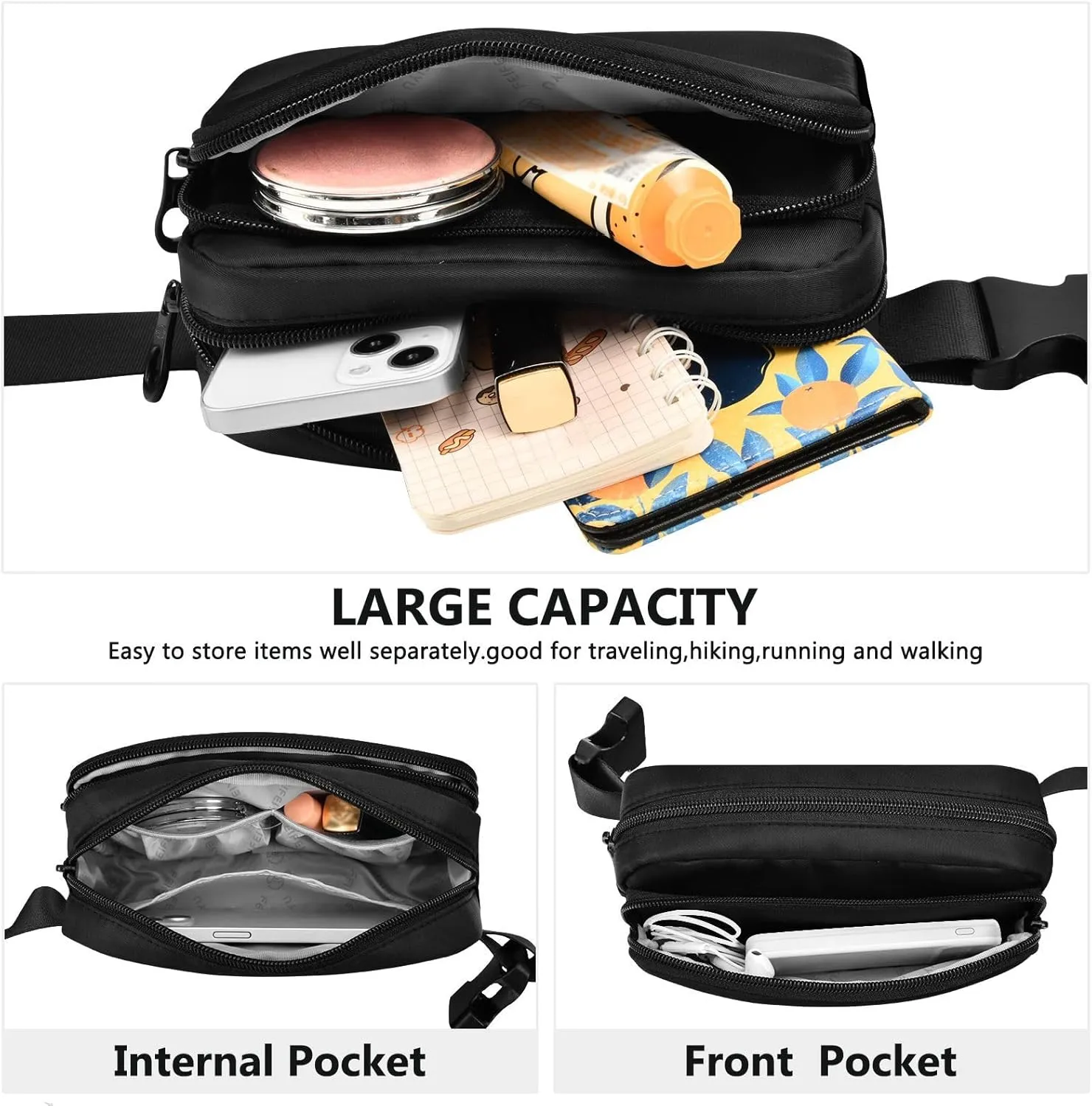 Fanny Pack for Women Men with Zipper Black Fashion Waist Pack, Small Cross Body bags for Running,Hiking,Cycling,Travel 20810