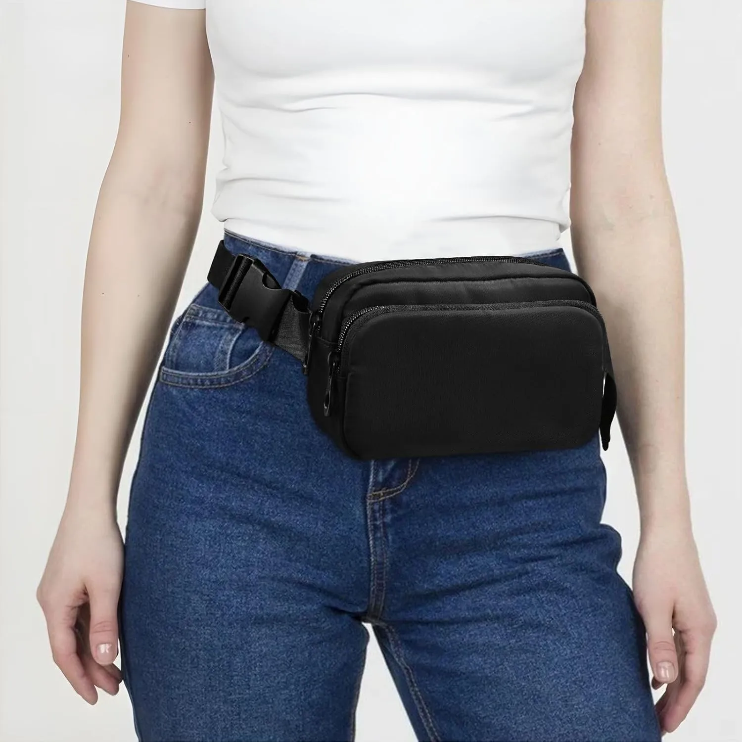 Fanny Pack for Women Men with Zipper Black Fashion Waist Pack, Small Cross Body bags for Running,Hiking,Cycling,Travel 20810