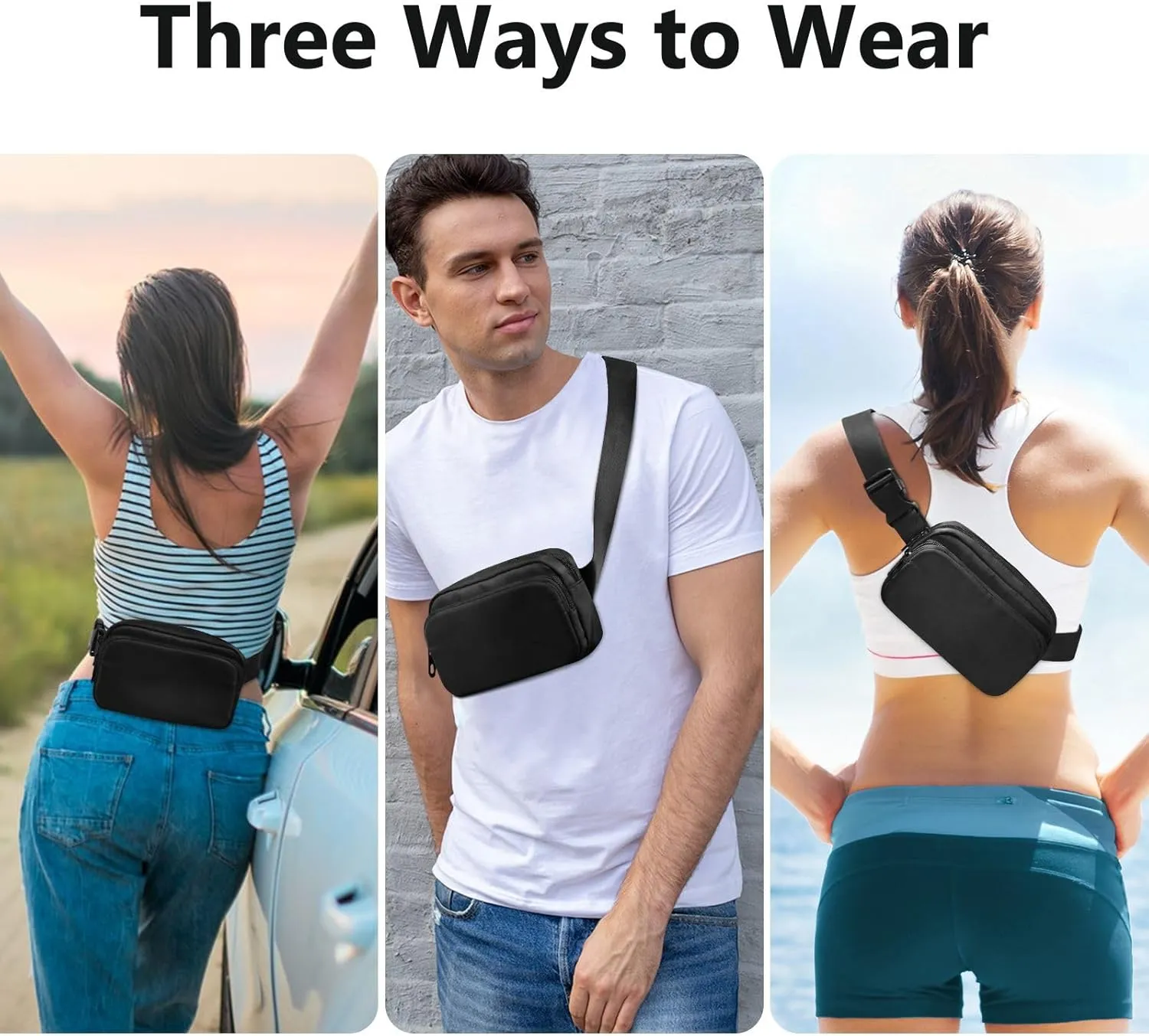 Fanny Pack for Women Men with Zipper Black Fashion Waist Pack, Small Cross Body bags for Running,Hiking,Cycling,Travel 20810