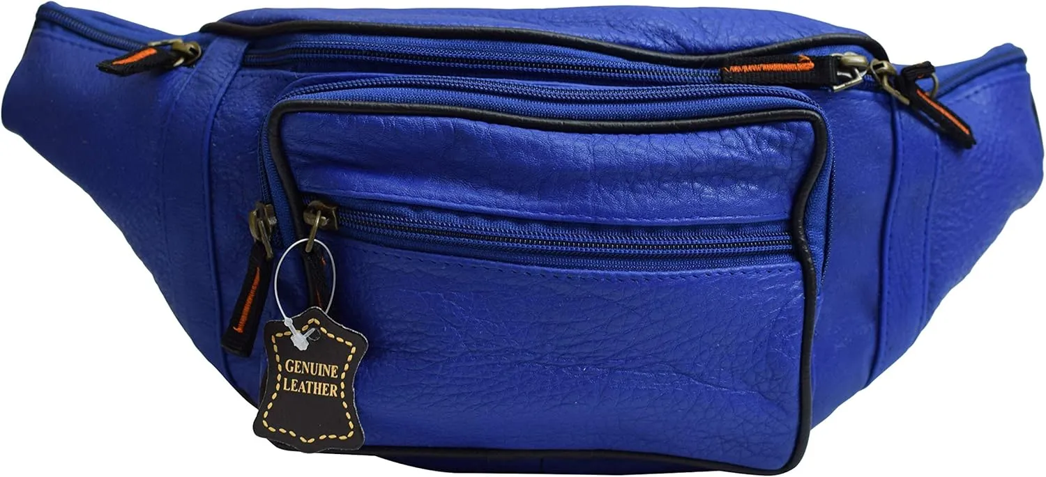 Fanny Pack Waist Bag Genuine Pebbled Leather Travel Hiking Sports Colors (Blue)
