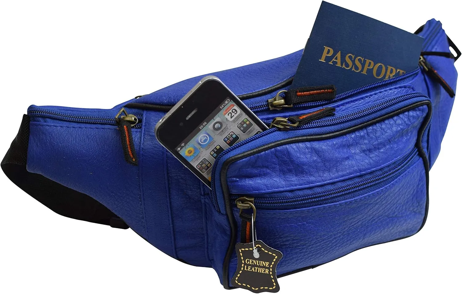 Fanny Pack Waist Bag Genuine Pebbled Leather Travel Hiking Sports Colors (Blue)