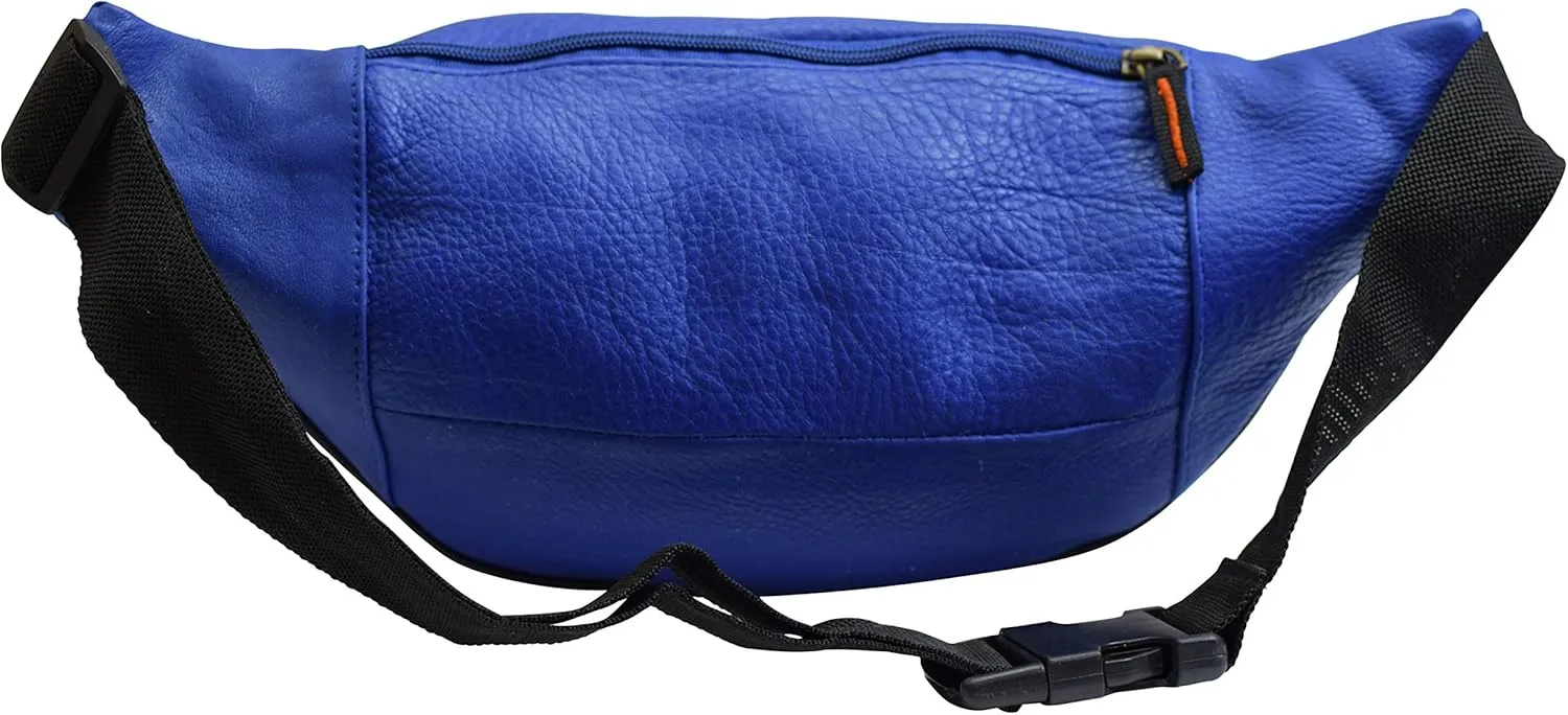 Fanny Pack Waist Bag Genuine Pebbled Leather Travel Hiking Sports Colors (Blue)