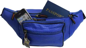 Fanny Pack Waist Bag Genuine Pebbled Leather Travel Hiking Sports Colors (Blue)