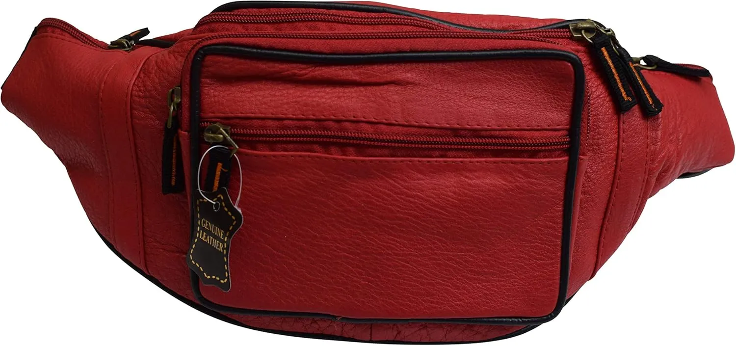 Fanny Pack Waist Bag Genuine Pebbled Leather Travel Hiking Sports Colors (Red)