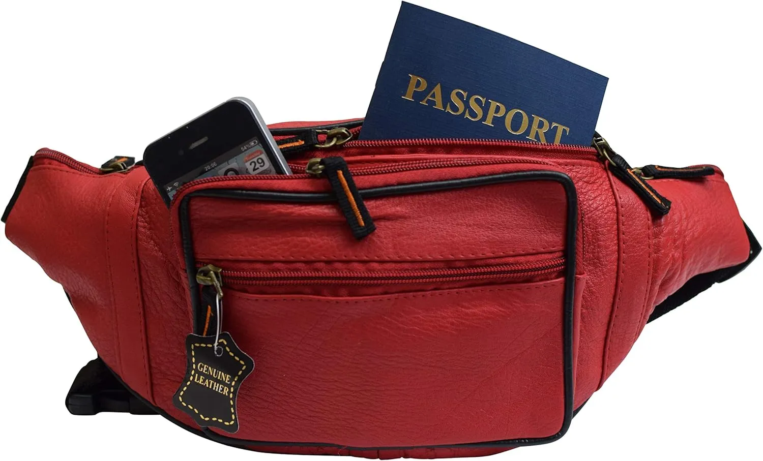 Fanny Pack Waist Bag Genuine Pebbled Leather Travel Hiking Sports Colors (Red)