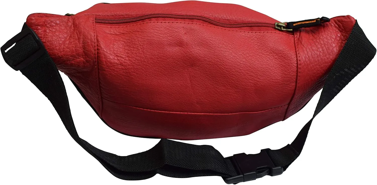 Fanny Pack Waist Bag Genuine Pebbled Leather Travel Hiking Sports Colors (Red)