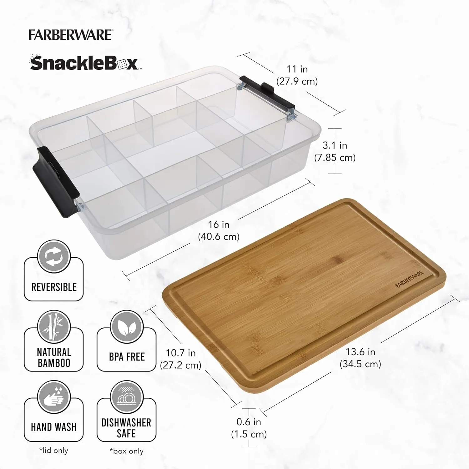 Farberware Build Snacklebox Serving Tray with Locking Bamboo Cutting Board Lid, Portable Storage Container with Compartments for Charcuterie, and More, Natural