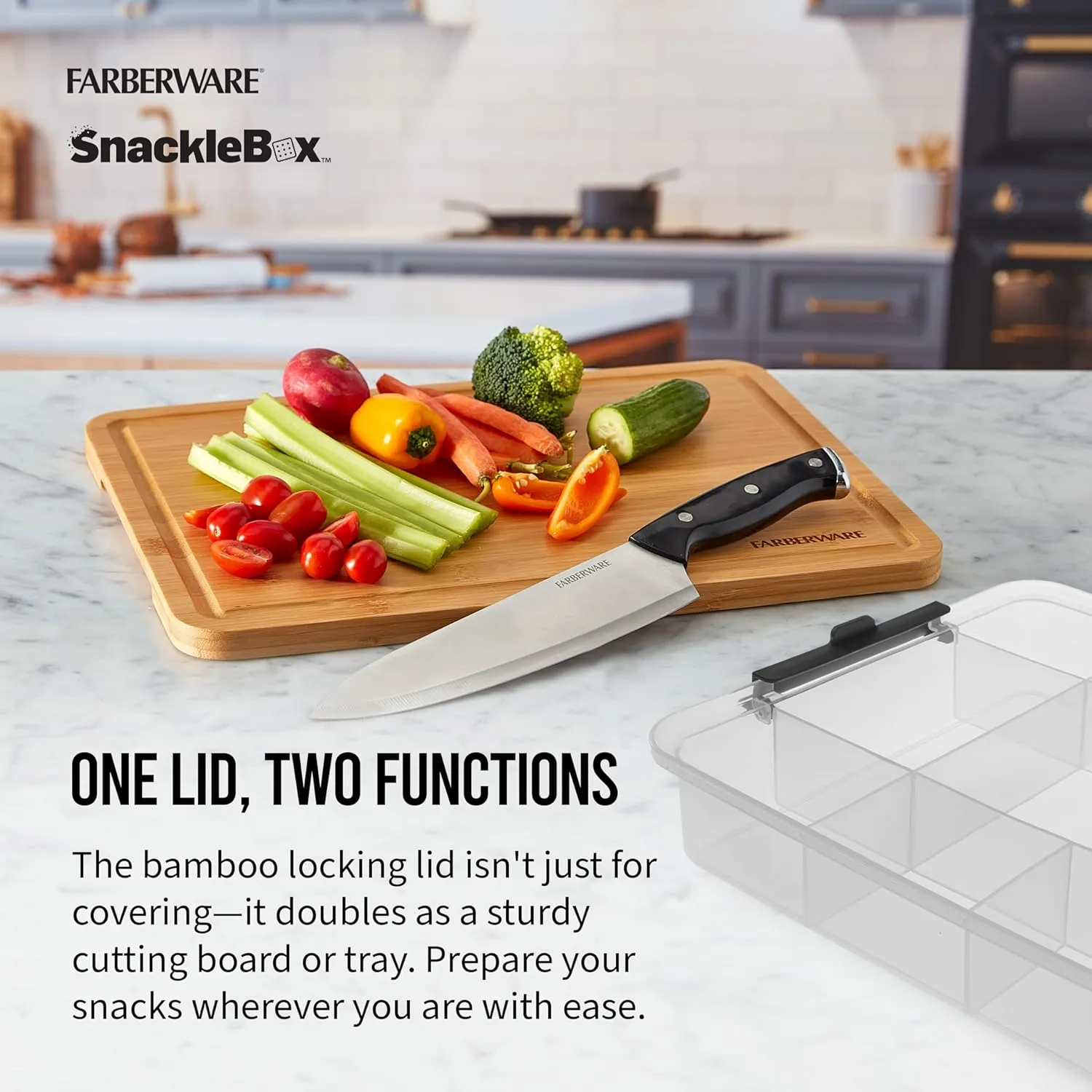 Farberware Build Snacklebox Serving Tray with Locking Bamboo Cutting Board Lid, Portable Storage Container with Compartments for Charcuterie, and More, Natural