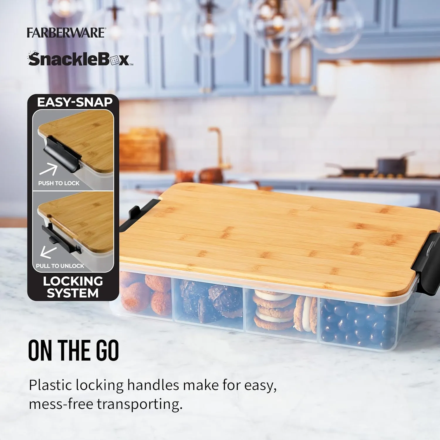 Farberware Build Snacklebox Serving Tray with Locking Bamboo Cutting Board Lid, Portable Storage Container with Compartments for Charcuterie, and More, Natural