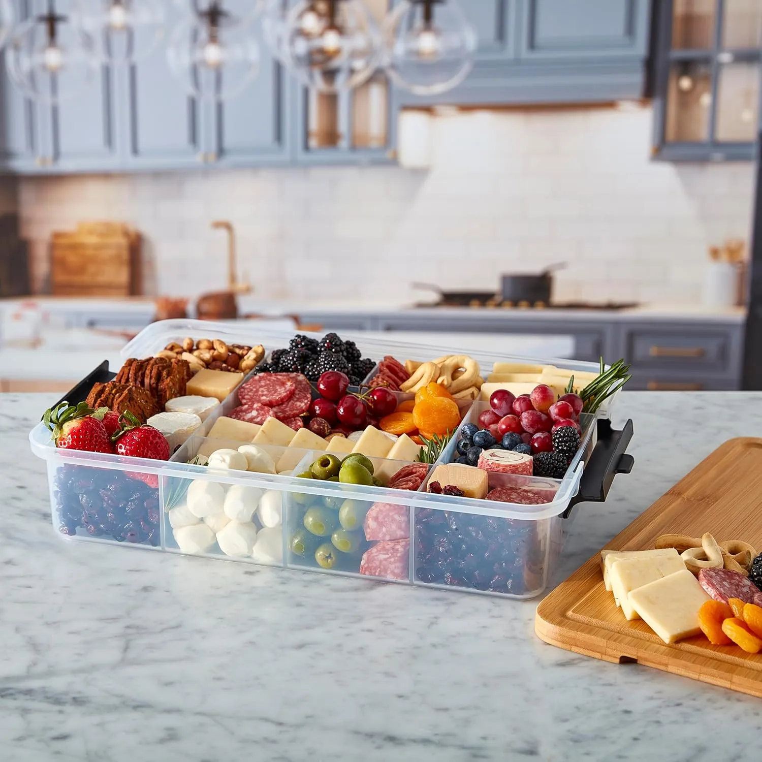 Farberware Build Snacklebox Serving Tray with Locking Bamboo Cutting Board Lid, Portable Storage Container with Compartments for Charcuterie, and More, Natural