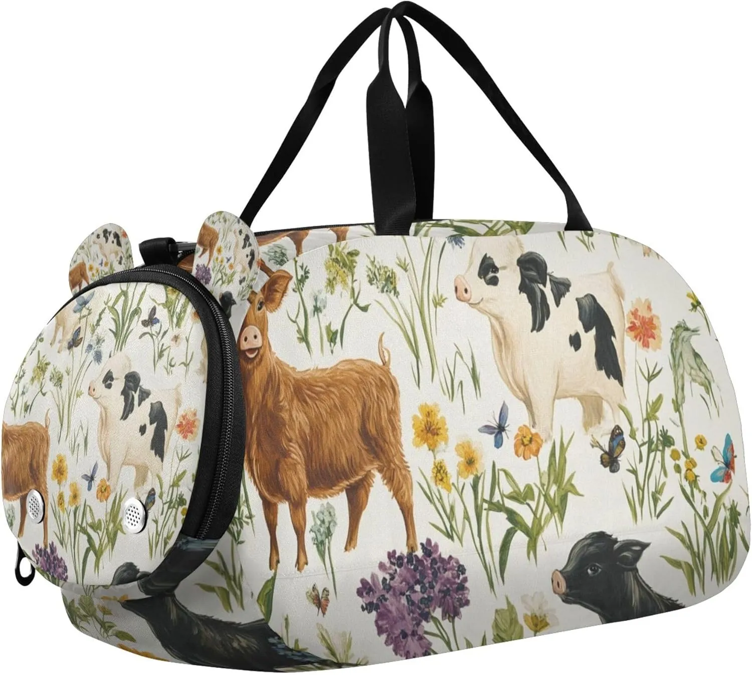 Farm Animals Cows Chicks Puppies and Pig Sports Duffle Bag for Kids Girls Boys, Gym Bag with Shoe Compartments, Kids Travel Overnight Weekender Shoulder Bag