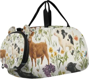 Farm Animals Cows Chicks Puppies and Pig Sports Duffle Bag for Kids Girls Boys, Gym Bag with Shoe Compartments, Kids Travel Overnight Weekender Shoulder Bag