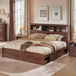 Farmhouse King Size Wood Bed Frame with 52" Tall Storage Headboard and 4 Drawers,LED Light,Charging Station,Solid Wood Slats Support,Noiseless,No Box Spring Needed,Brown