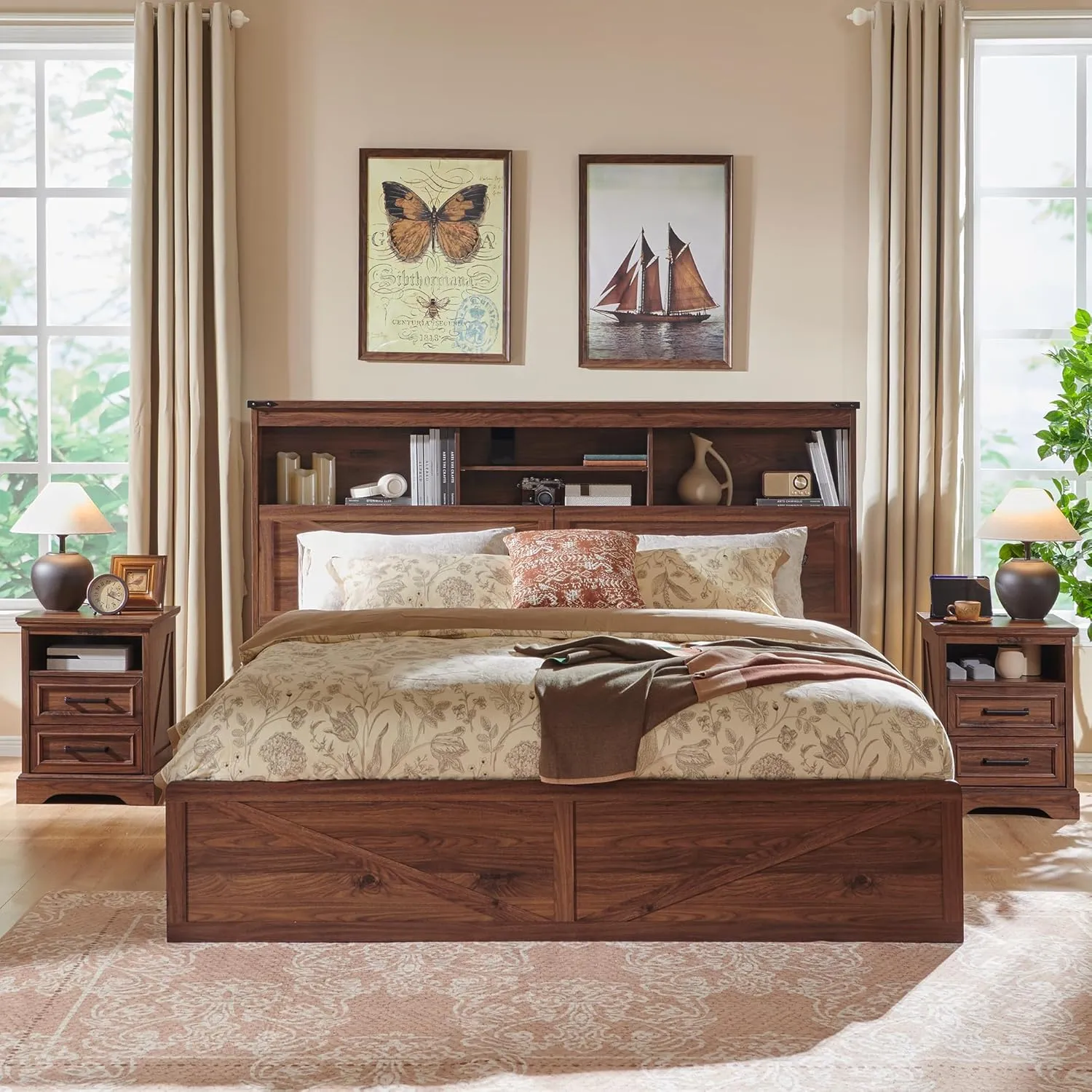 Farmhouse King Size Wood Bed Frame with 52" Tall Storage Headboard and 4 Drawers,LED Light,Charging Station,Solid Wood Slats Support,Noiseless,No Box Spring Needed,Brown