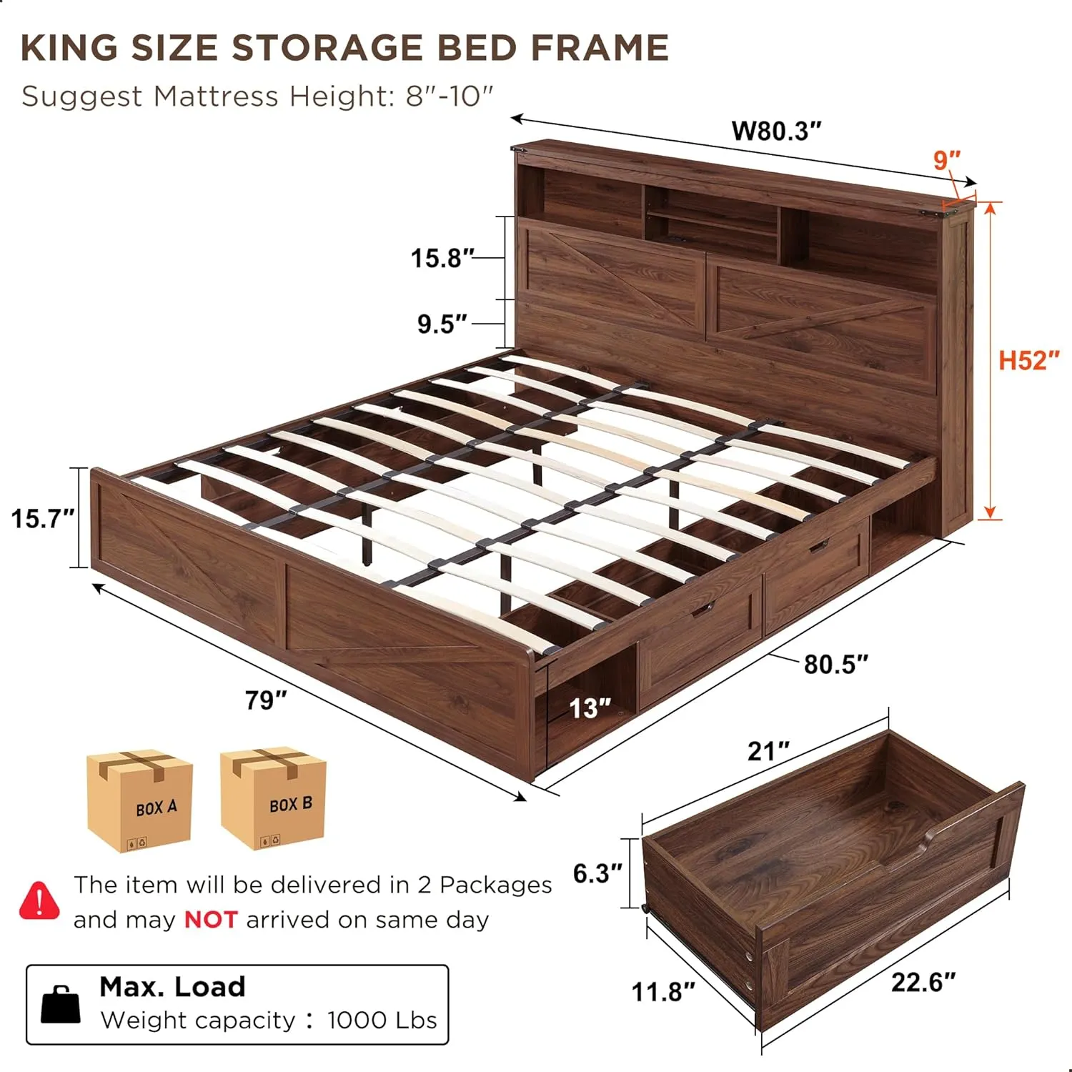 Farmhouse King Size Wood Bed Frame with 52" Tall Storage Headboard and 4 Drawers,LED Light,Charging Station,Solid Wood Slats Support,Noiseless,No Box Spring Needed,Brown