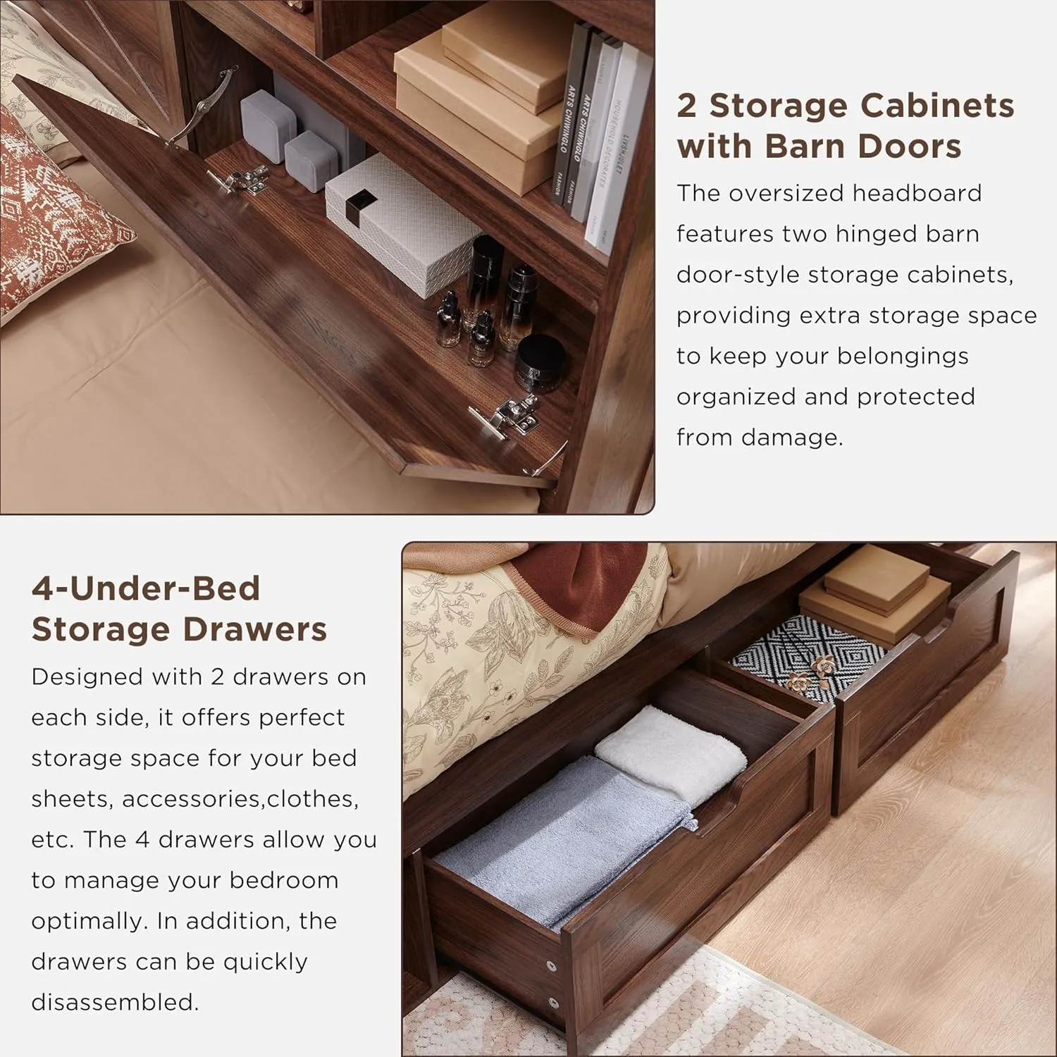Farmhouse King Size Wood Bed Frame with 52" Tall Storage Headboard and 4 Drawers,LED Light,Charging Station,Solid Wood Slats Support,Noiseless,No Box Spring Needed,Brown