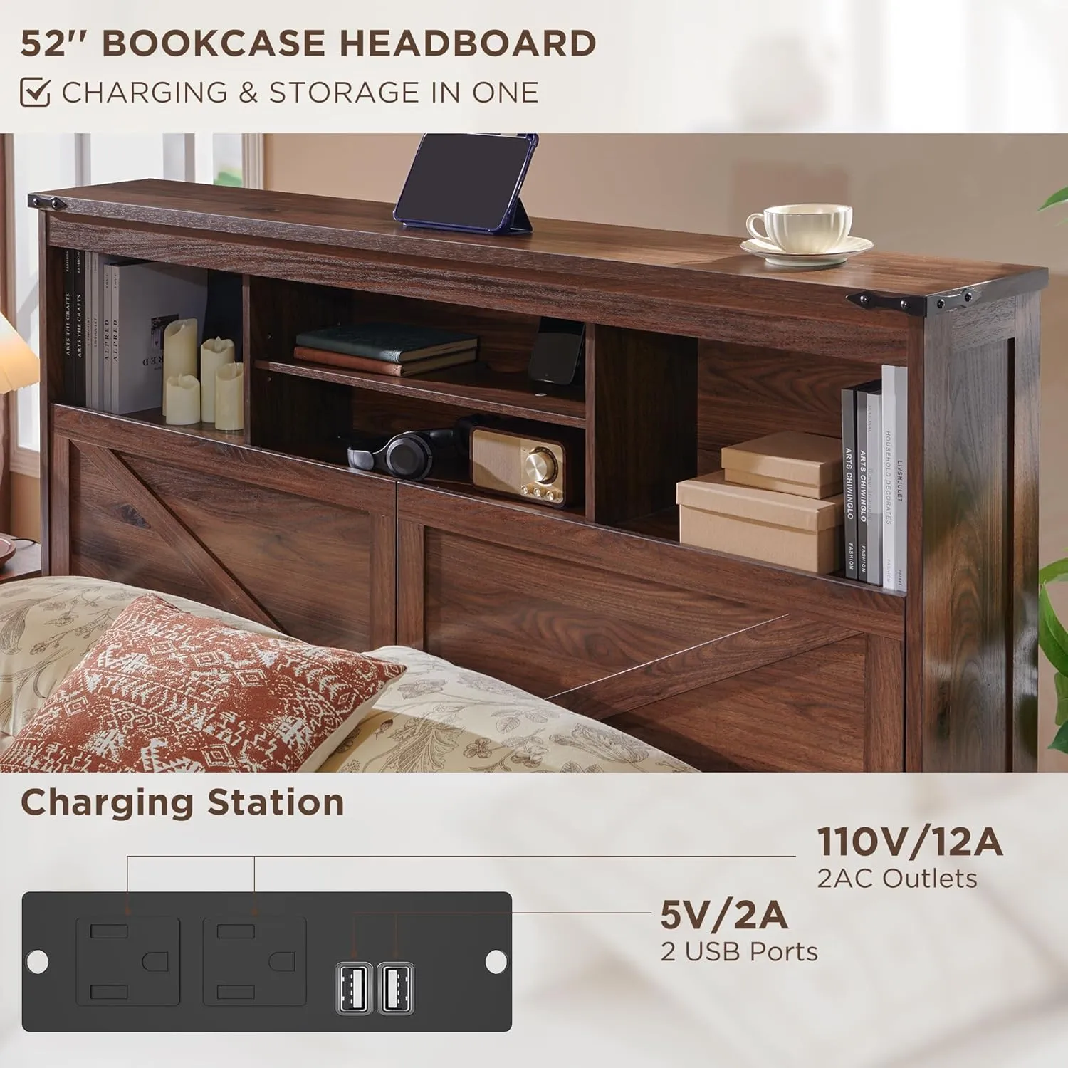 Farmhouse King Size Wood Bed Frame with 52" Tall Storage Headboard and 4 Drawers,LED Light,Charging Station,Solid Wood Slats Support,Noiseless,No Box Spring Needed,Brown