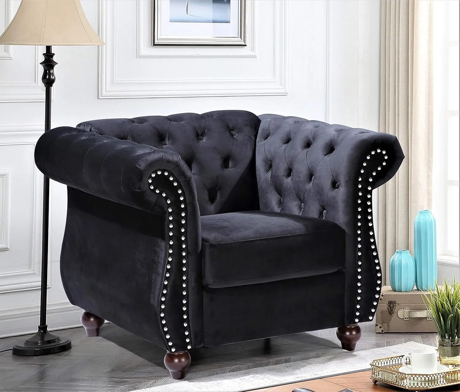 Feinstein Modern Velvet Chesterfield Couches for Living Room with Nailheads, Diamond Tufting & Durable Metal Frame, Chair, Loveseat & Sofa, Black
