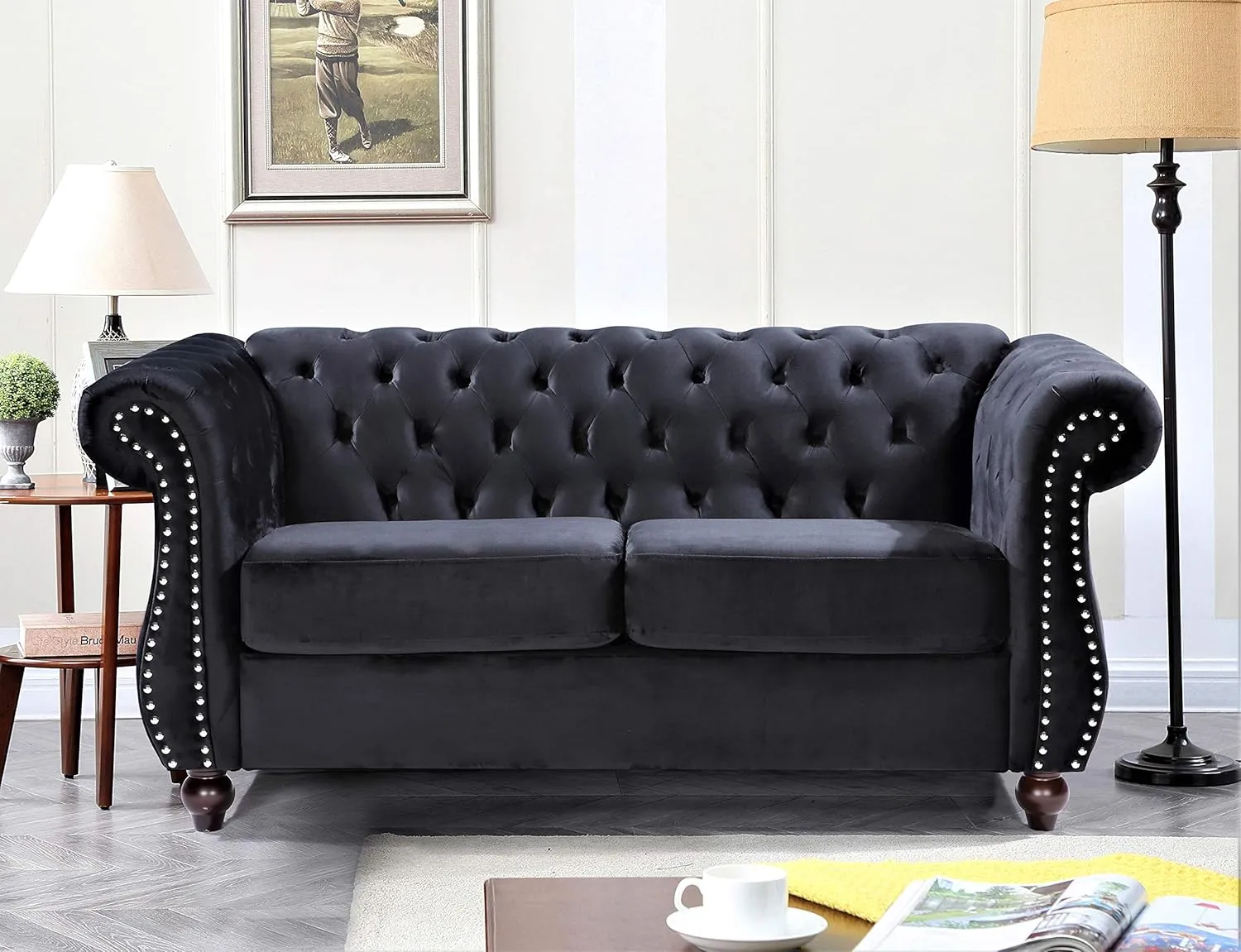 Feinstein Modern Velvet Chesterfield Couches for Living Room with Nailheads, Diamond Tufting & Durable Metal Frame, Chair, Loveseat & Sofa, Black
