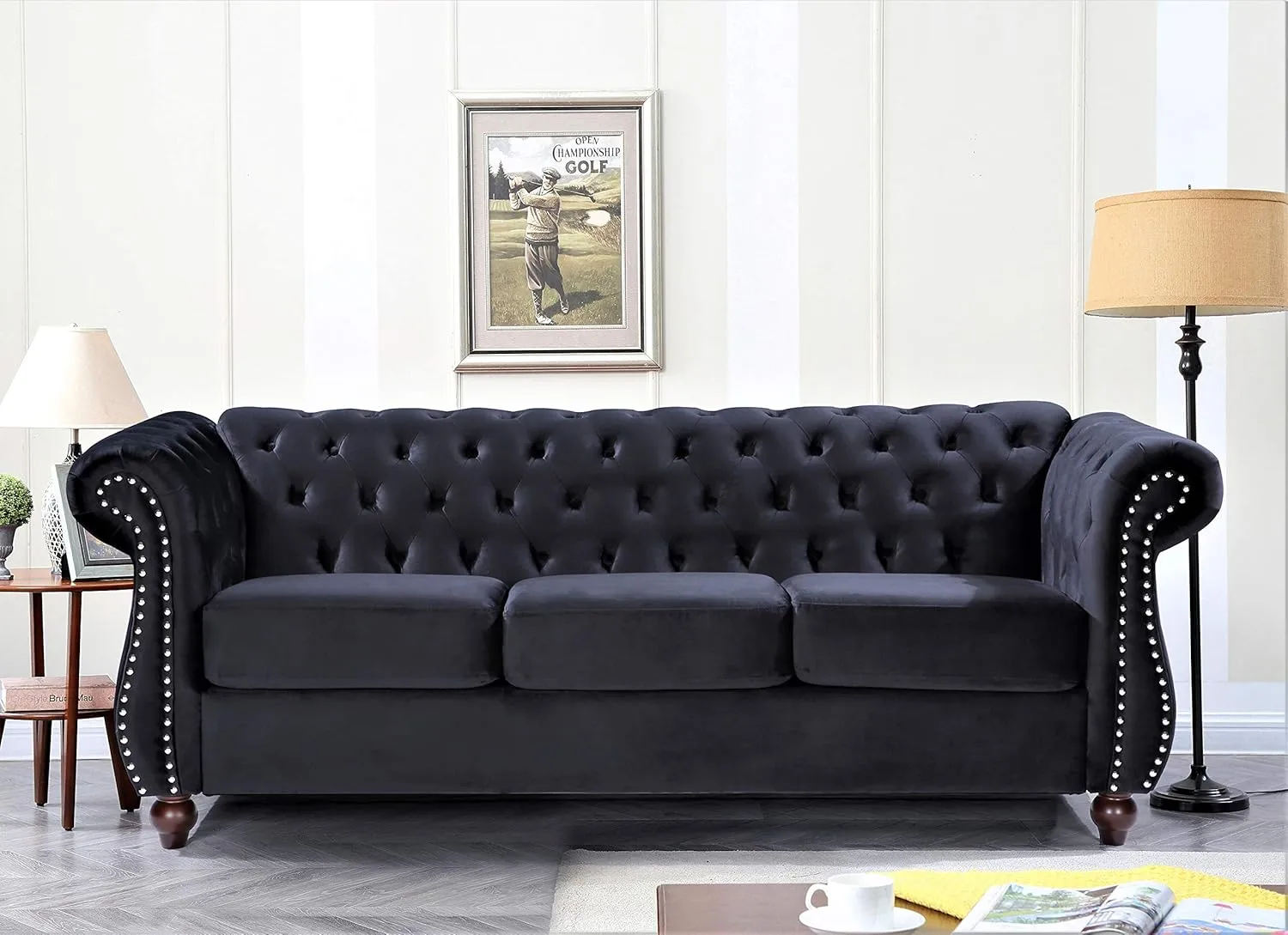 Feinstein Modern Velvet Chesterfield Couches for Living Room with Nailheads, Diamond Tufting & Durable Metal Frame, Chair, Loveseat & Sofa, Black