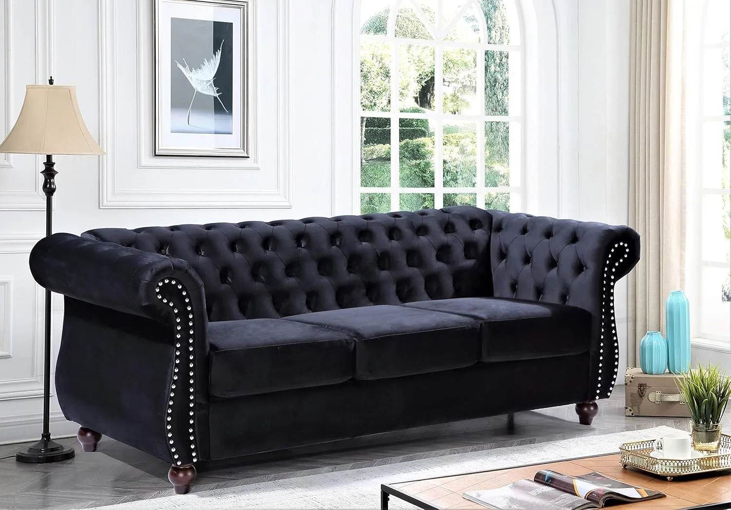 Feinstein Modern Velvet Chesterfield Couches for Living Room with Nailheads, Diamond Tufting & Durable Metal Frame, Chair, Loveseat & Sofa, Black