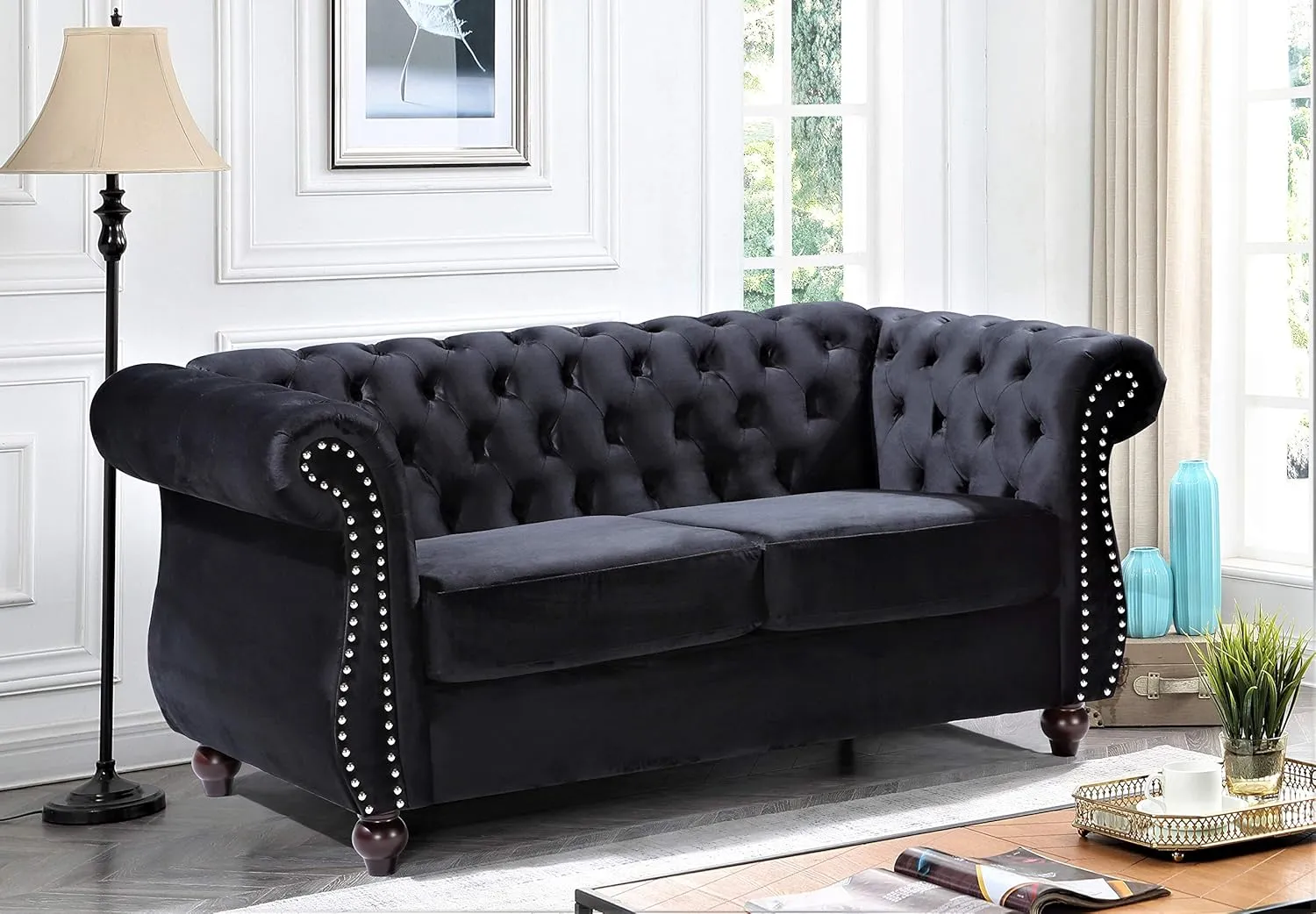 Feinstein Modern Velvet Chesterfield Couches for Living Room with Nailheads, Diamond Tufting & Durable Metal Frame, Chair, Loveseat & Sofa, Black