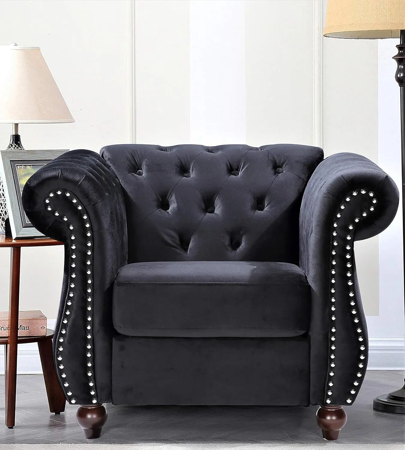 Feinstein Modern Velvet Chesterfield Couches for Living Room with Nailheads, Diamond Tufting & Durable Metal Frame, Chair, Loveseat & Sofa, Black
