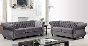 Feinstein Modern Velvet Chesterfield Couches for Living Room with Nailheads, Diamond Tufting & Durable Metal Frame, Loveseat, Sofa, Gray