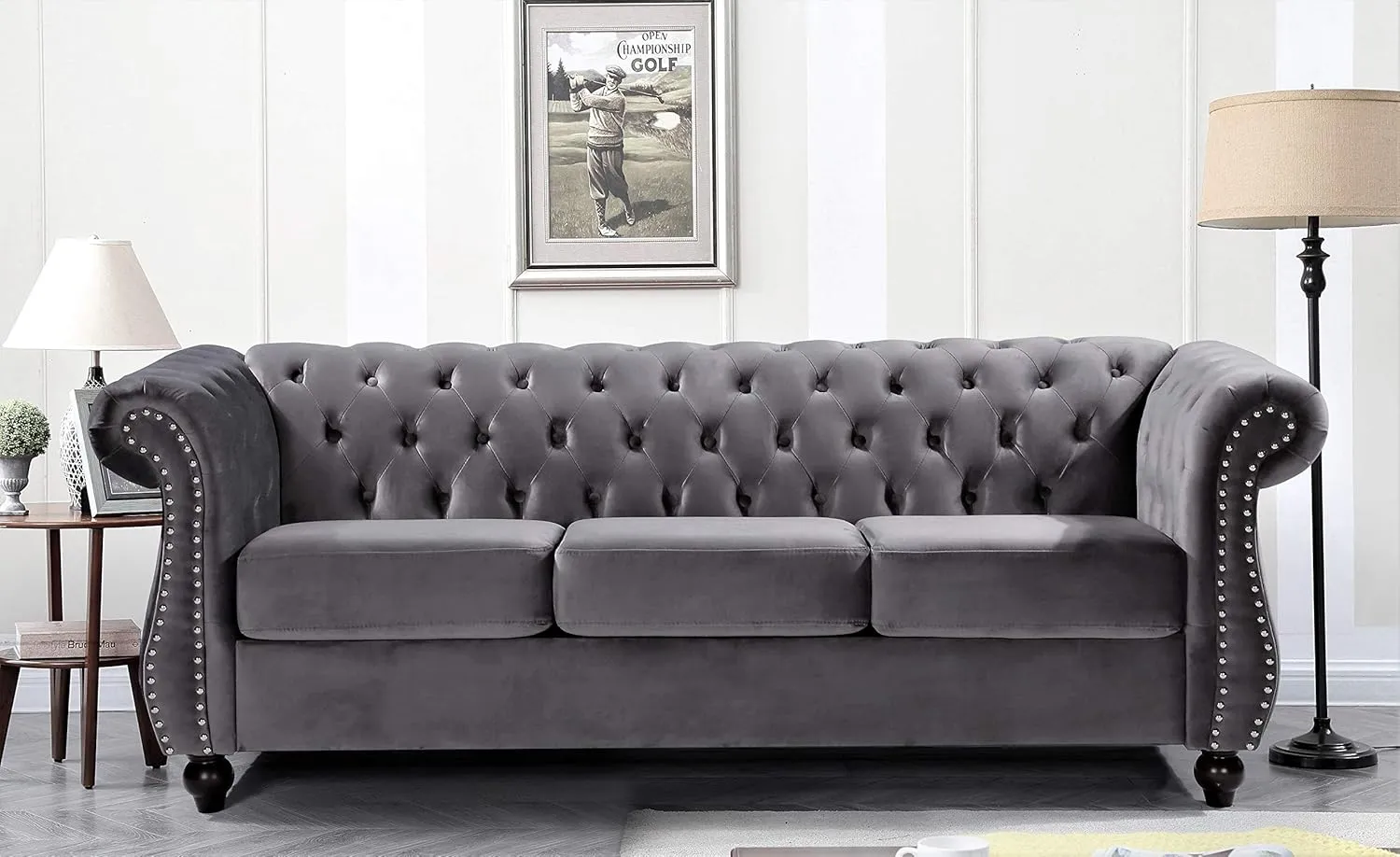 Feinstein Modern Velvet Chesterfield Couches for Living Room with Nailheads, Diamond Tufting & Durable Metal Frame, Loveseat, Sofa, Gray