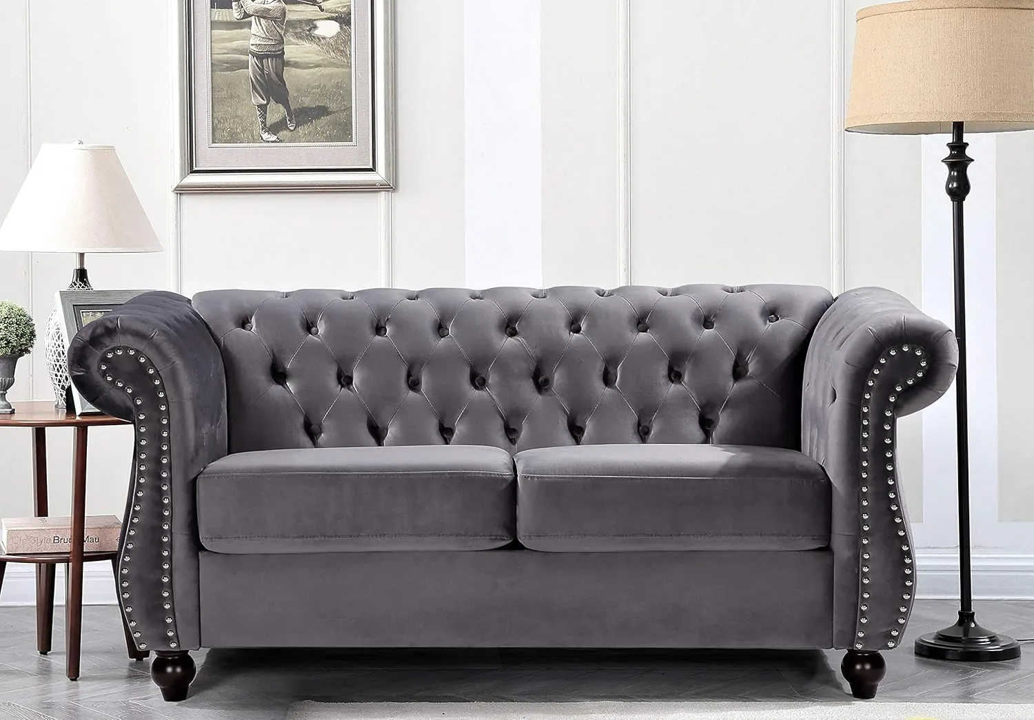 Feinstein Modern Velvet Chesterfield Couches for Living Room with Nailheads, Diamond Tufting & Durable Metal Frame, Loveseat, Sofa, Gray
