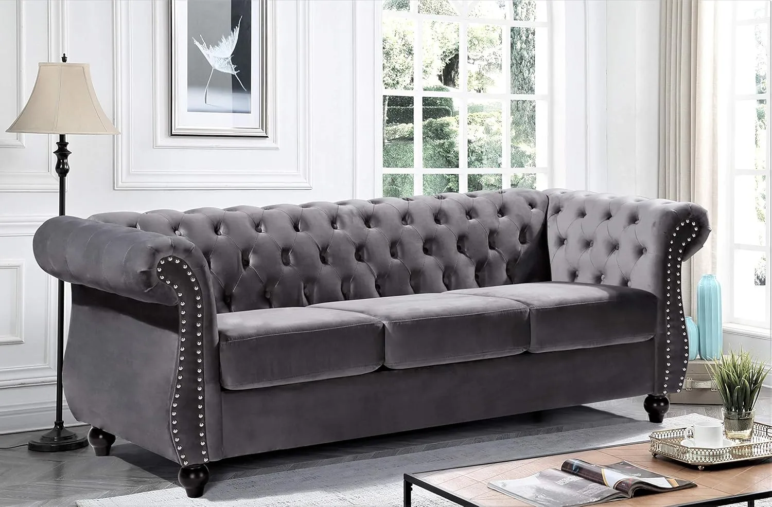 Feinstein Modern Velvet Chesterfield Couches for Living Room with Nailheads, Diamond Tufting & Durable Metal Frame, Loveseat, Sofa, Gray