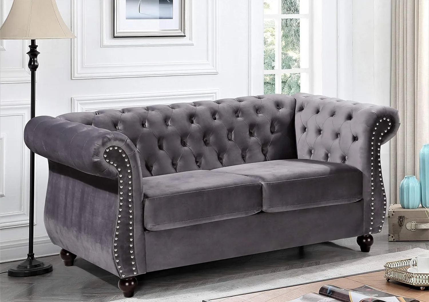Feinstein Modern Velvet Chesterfield Couches for Living Room with Nailheads, Diamond Tufting & Durable Metal Frame, Loveseat, Sofa, Gray